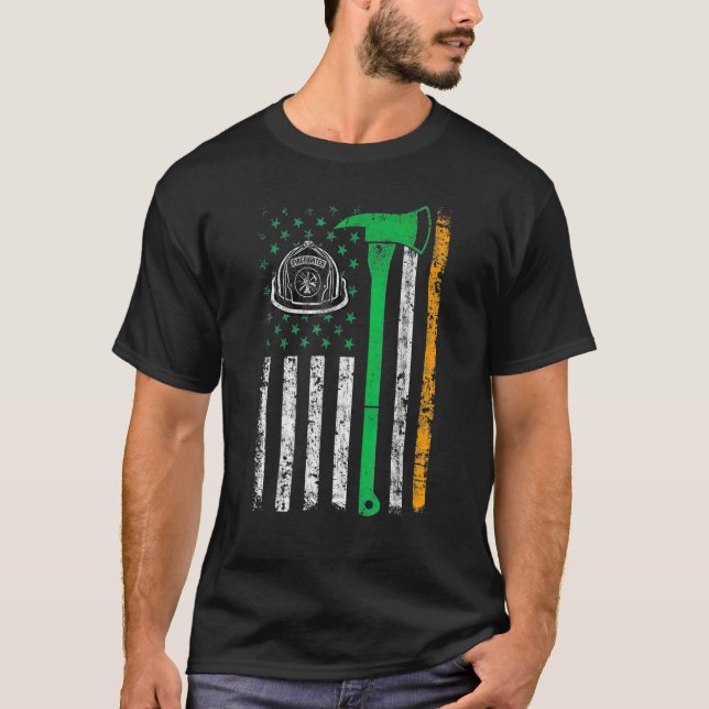 Irish American US Flag Firefighter Axe Fire St Pat T-Shirt (Front)