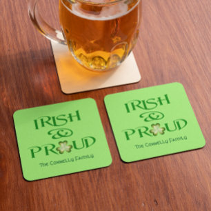 Irish and Proud Shamrock Personalised Square Paper Coaster