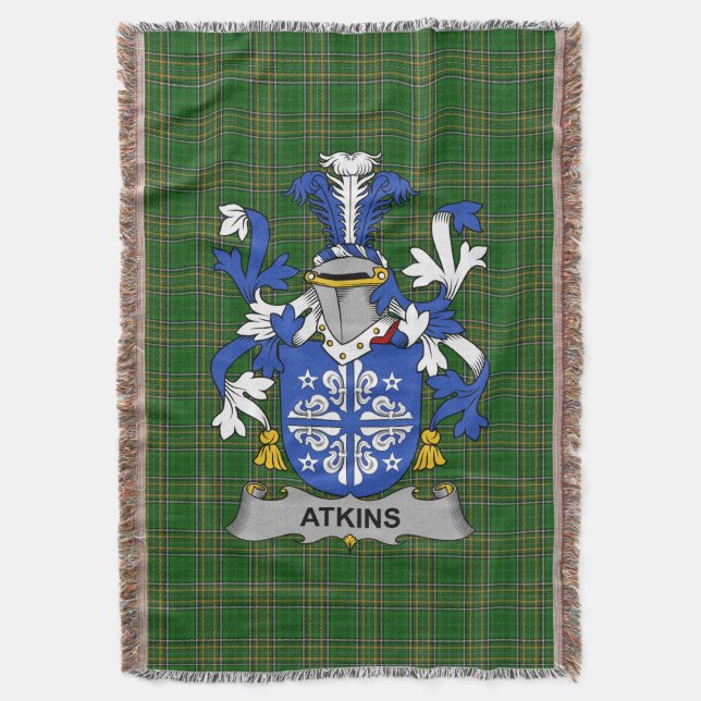  Irish Atkins Coat of Arms Family Crest Ireland Throw Blanket (Front Vertical)
