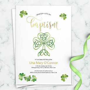 Irish Baby Baptism Celtic Knot & Gold Script Invitation