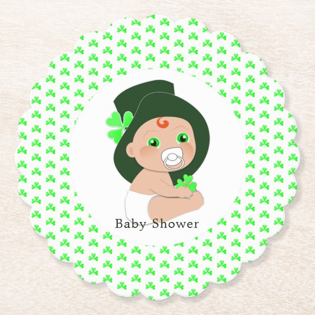 Irish Baby Leprechaun Lucky Shamrock Baby Shower Paper Coaster (Front)