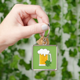 Irish Beer Mug with Shamrock Clover Key Ring