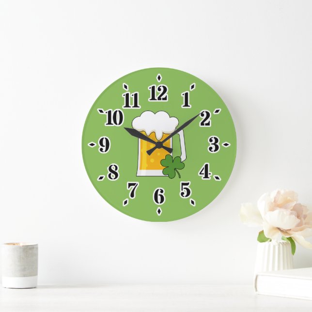 Irish Beer Mug with Shamrock Clover Large Clock (Home)