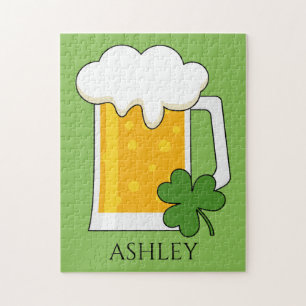 Irish Beer Mug with Shamrock Clover Personalise Jigsaw Puzzle