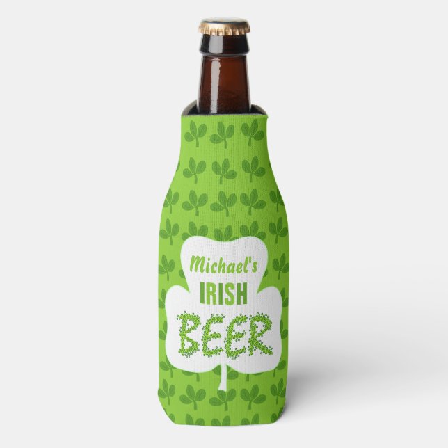 Irish Beer St Patricks Personalised Green Shamrock Bottle Cooler (Bottle Front)