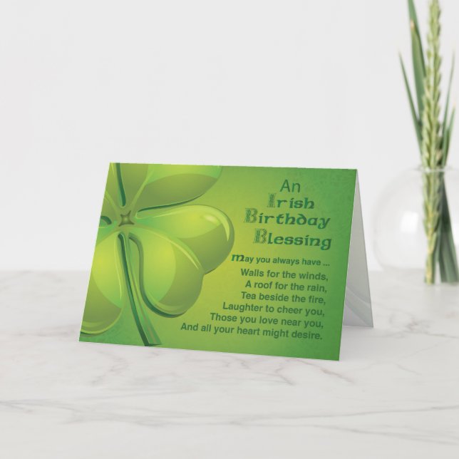 Irish Birthday Blessings, Green Celtic Shamrock Card (Front)