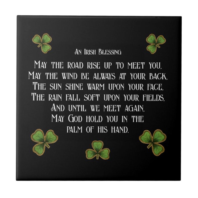 Irish Blessing and Shamrocks Black and Green Tile (Front)