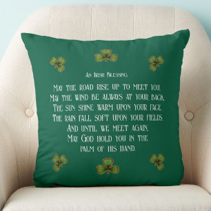 Irish Blessing and Shamrocks Green Typography Cushion
