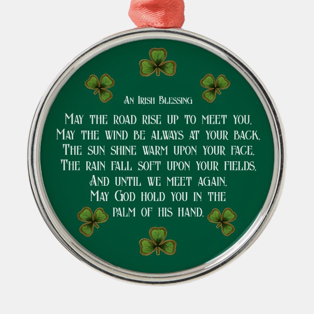 Irish Blessing and Shamrocks Green Typography Metal Tree Decoration (Front)