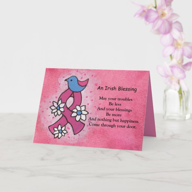 Irish Blessing Breast Cancer Pink Ribbon Blue Bird Card (Orchid)