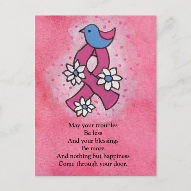 Irish Blessing Breast Cancer Pink Ribbon Blue Bird Postcard (Front)