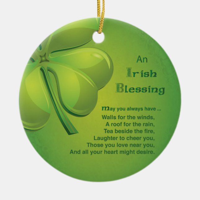 Irish Blessings Green Shamrock, Celtic Ceramic Tree Decoration (Front)