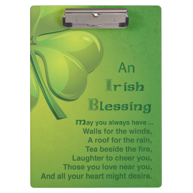 Irish Blessings Green Shamrock, Celtic Clipboard (Front)