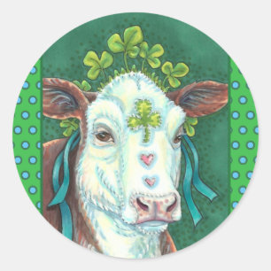 IRISH BRED ST. PATRICK'S DAY HEIFER, SHAMROCK COW CLASSIC ROUND STICKER