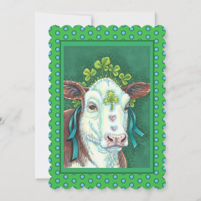 IRISH BRED ST. PATRICK'S DAY HEIFER, SHAMROCK COW HOLIDAY CARD (Front)