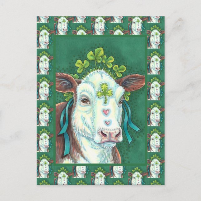 IRISH BRED ST. PATRICK'S DAY HEIFER, SHAMROCK COW HOLIDAY POSTCARD (Front)