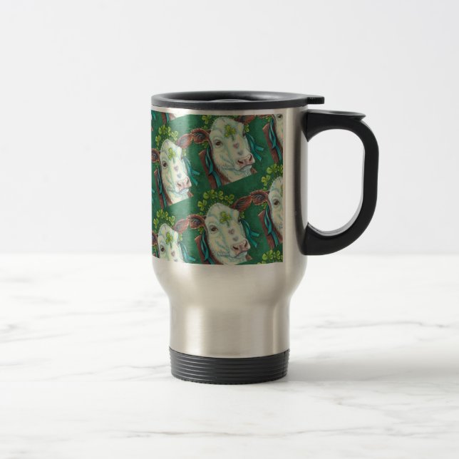 IRISH BRED ST. PATRICK'S DAY HEIFER, SHAMROCK COW TRAVEL MUG (Right)