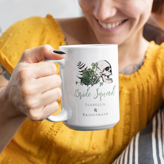Irish Bride Squad Gothic Green Skull & Roses  Coffee Mug (Bride Squad Floral Skull Bridesmaid Mug for Irish Wedding. Skull,Green Roses, Clovers, Editable Text)