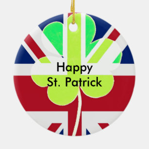 Irish British Flag Shamrock Clover St. Patrick UK Ceramic Tree Decoration