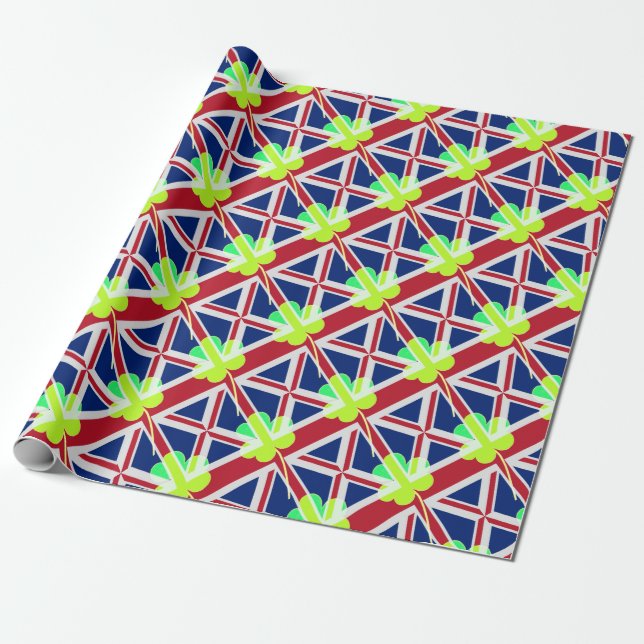Irish British Flag Shamrock Clover St. Patrick UK Wrapping Paper (Unrolled)
