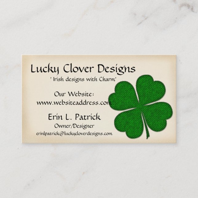 Irish Business Card :: Green Fabric Clover Design (Front)