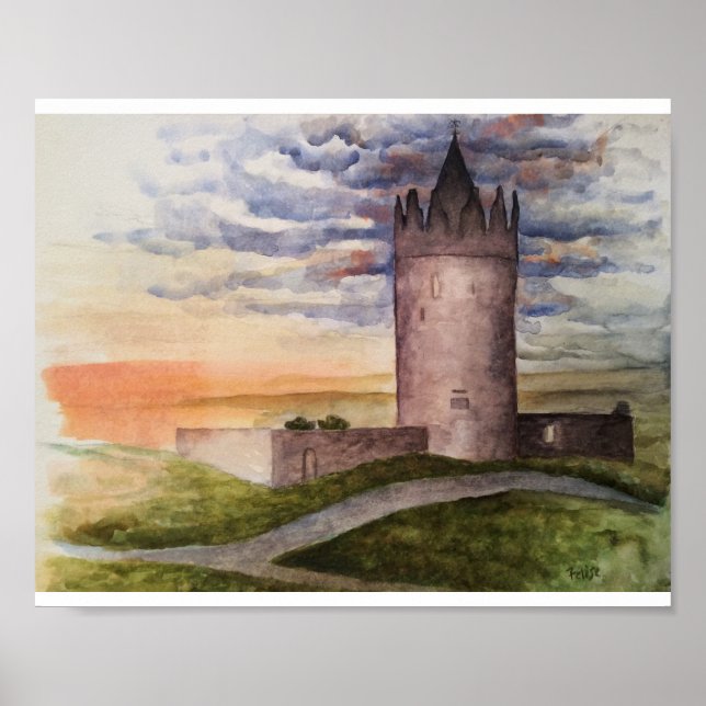 Irish castle and landscape watercolor painting poster (Front)
