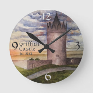 Irish Castle Watercolor Family Name Year Est Round Clock