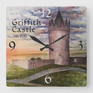 Irish Castle Watercolor Family Name Year Est Square Wall Clock