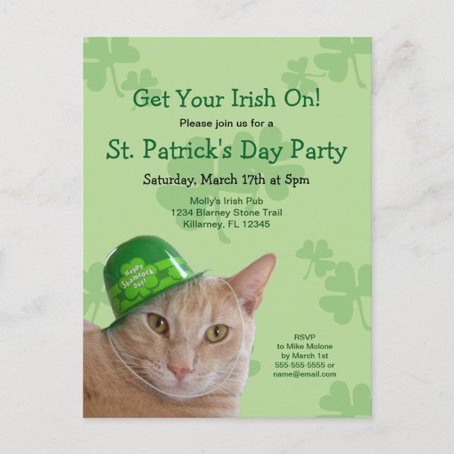 Irish Cat St. Patrick's Day Party Invite Post Card (Front)