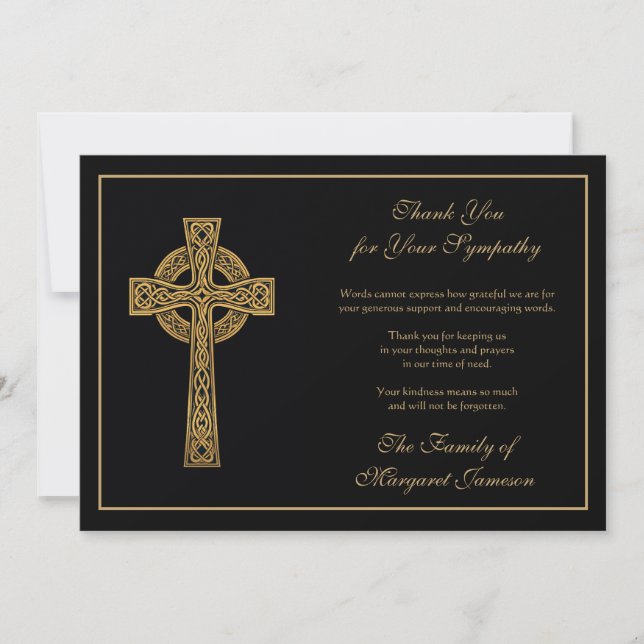 Irish Celtic Cross Black and Gold Condolence  Thank You Card (Front)