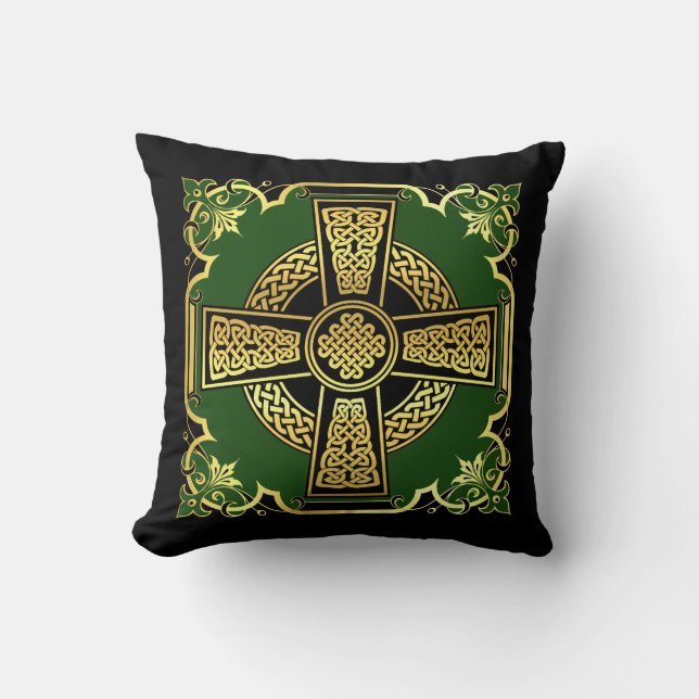 Irish Celtic cross/black/gold/green cross Celtic Cushion (Front)
