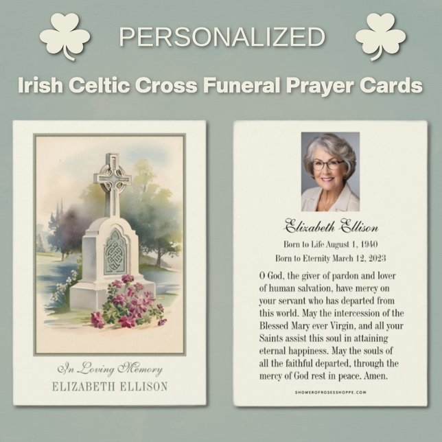 Irish Celtic Cross Funeral Memorial Prayer  (Traditional Catholic Irish Celtic Cross with Roses Funeral Memorial Prayer Cards)