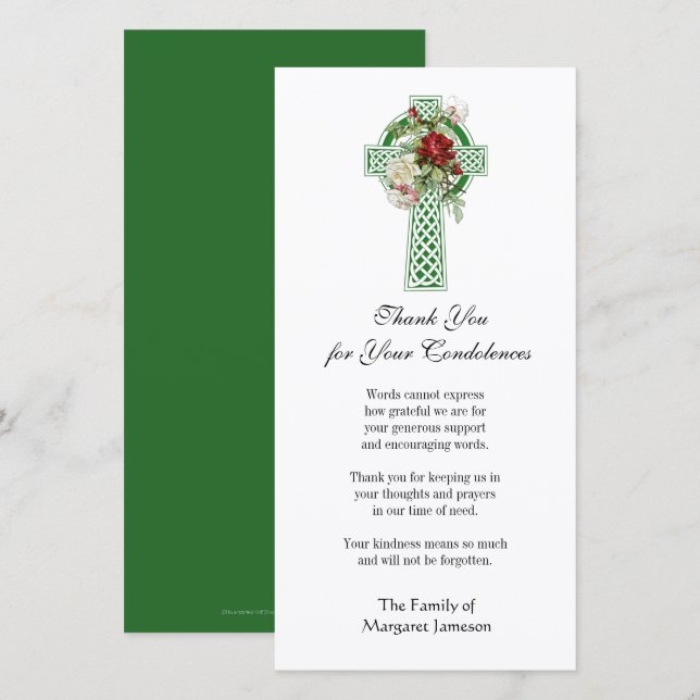 Irish Celtic Cross Roses  Religious Condolence Thank You Card (Front/Back)