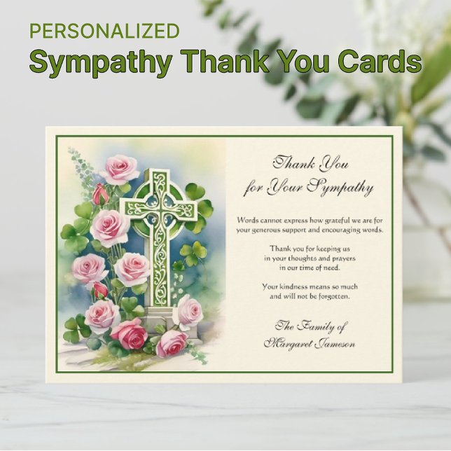  Irish Celtic Cross Shamrocks Sympathy Condolence Thank You Card (Irish Celtic Cross with pink roses sympathy condolence thank you cards)