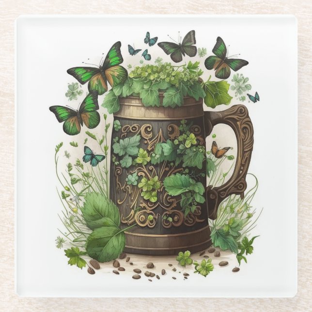 IRISH CELTIC MUG OF GREEN SHAMROCKS & BUTTERFLIES GLASS COASTER (Front)