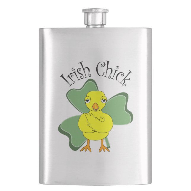 Irish Chick Text Shamrock Hip Flask (Front)