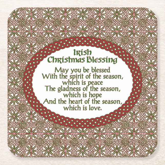 Irish Christmas Blessing, Red Green Celtic Holiday Square Paper Coaster (Front)