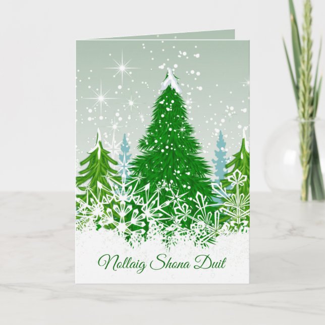 Irish Christmas, snowy green fir trees Holiday Card (Front)