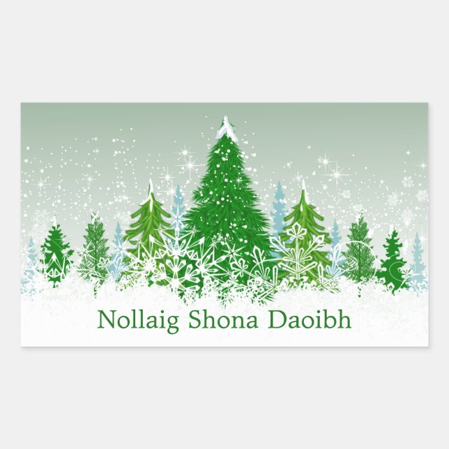 Irish Christmas, snowy green fir trees Rectangular Sticker (Front)