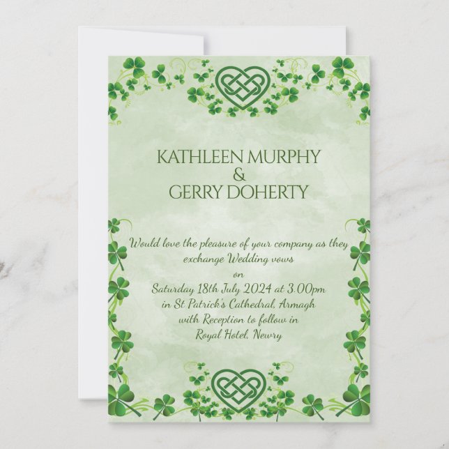 Irish Claddagh Ring Shamrocks & Celtic Love Knot Invitation (Front)