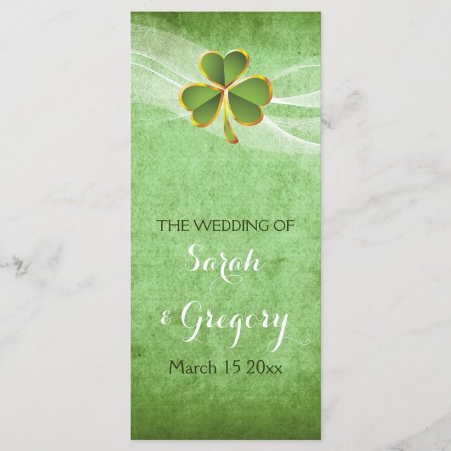Irish clover & veil green wedding progam programme (Front)