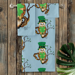 Irish Clovers Owl Green Bath Towel Set