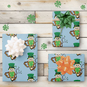 Irish Clovers Owl Green Wrapping Paper Sheet