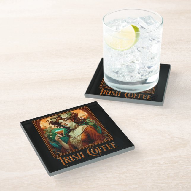 Irish Coffee Art Nouveau Glass Coaster (Angled)
