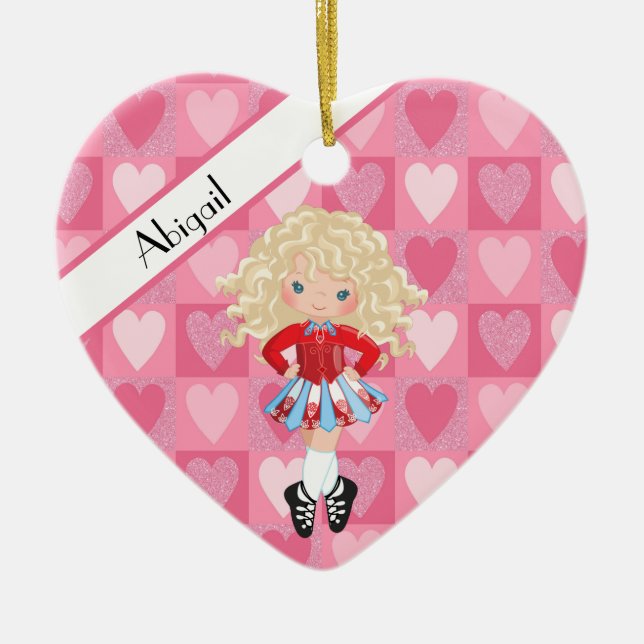 Irish Dance Pink Monochrome Heart Christmas Ceramic Tree Decoration (Front)