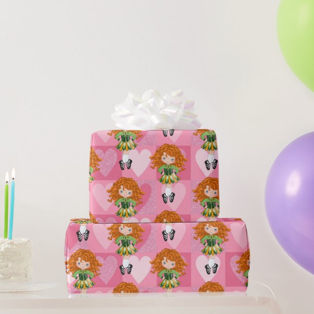 Irish Dance Pink Monochrome Heart Wrapping Paper (Party Gifts)