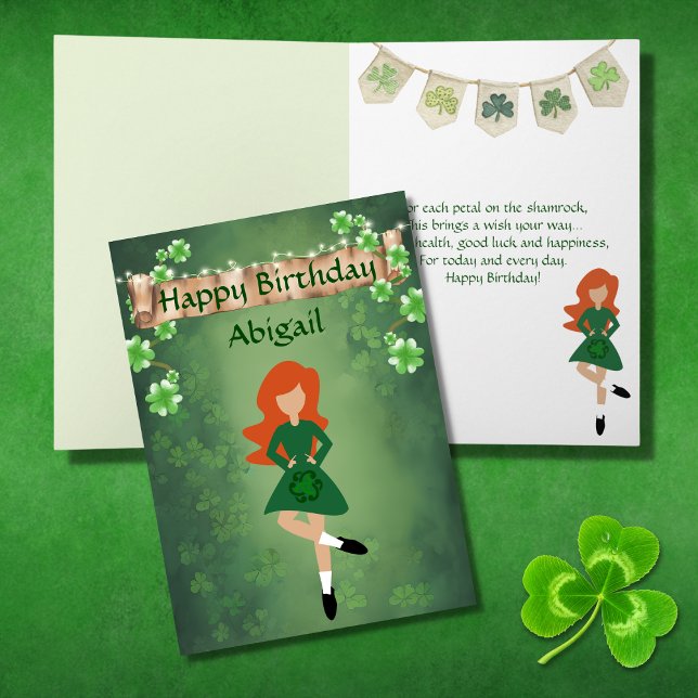Irish Dance Shamrock Wishes Red Hair Birthday Card (Creator Uploaded)