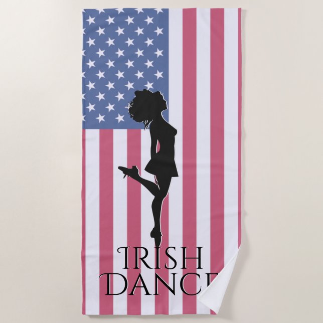 Irish Dancer and American Flag Hard Shoe Dance Beach Towel (Front)