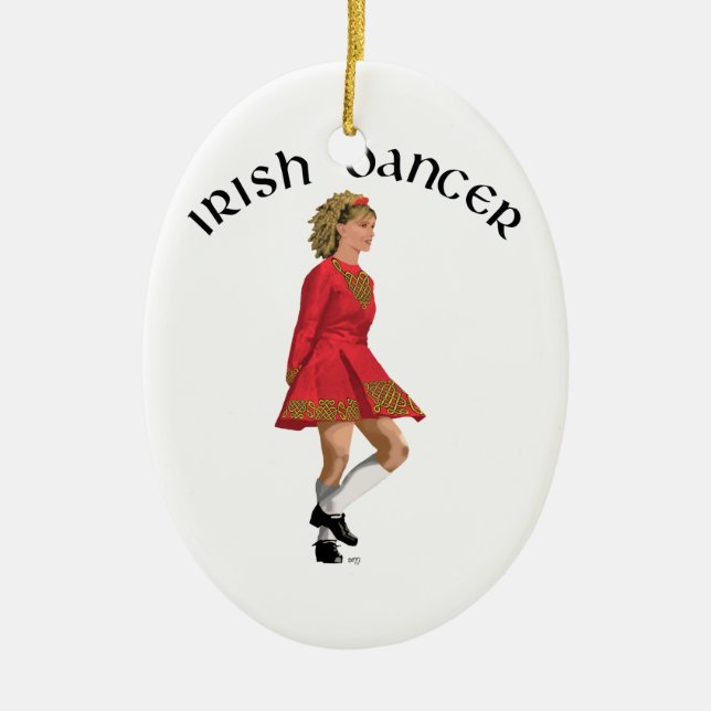 Irish Dancer Blonde in Red Ceramic Tree Decoration (Front)