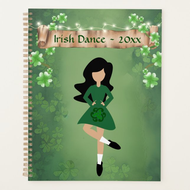 Irish Dancer with Black Hair and Clovers Dance Planner (Front)